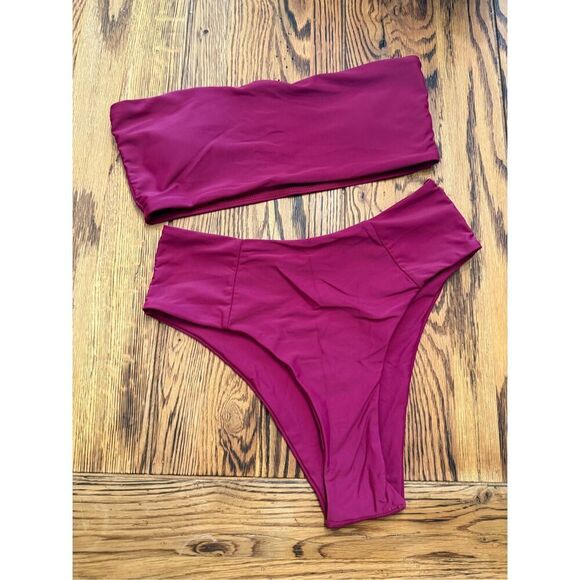 Strapless high waist cheeky bikini set magenta size Large - Picture 1 of 3